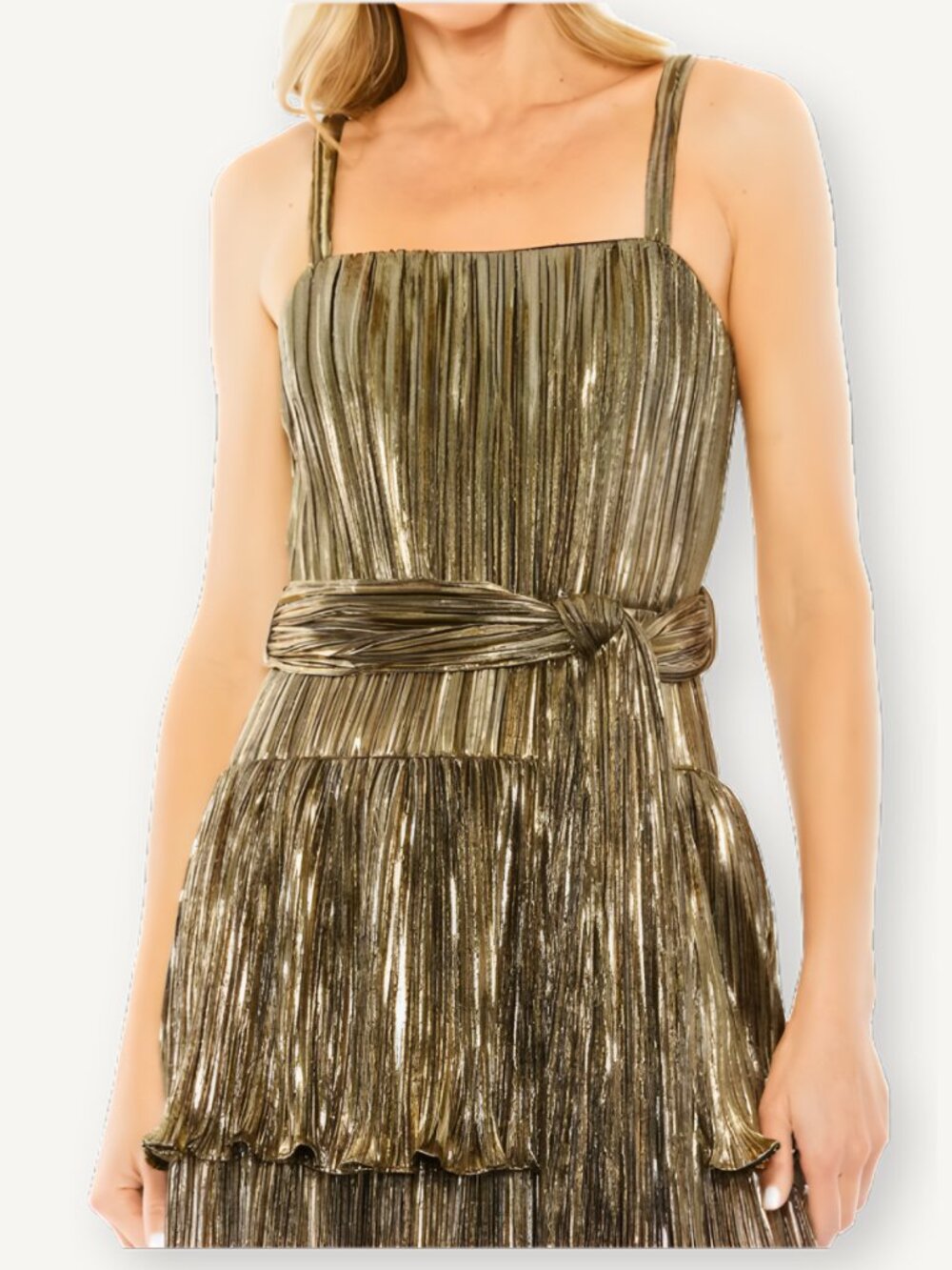 NWT Mac Duggal Antique Gold Pleated Tiered Midi Dress Size 2 - Picture 2 of 6